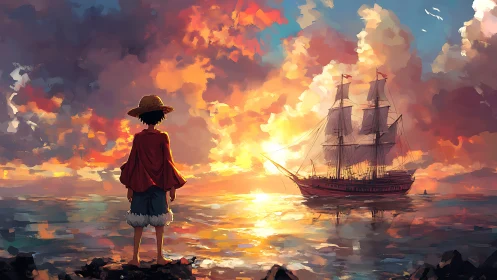 Solitary figure viewing sailing ship at sunset seascape.