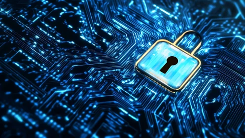 Encrypted data pathways with illuminated circuit lock icon.