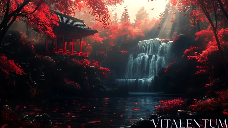 Red maple shrine overlooks tiered waterfall in misty forest