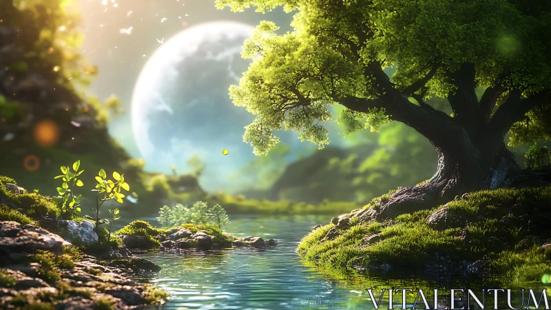 Majestic tree overlooks luminous moonlit forest lake.