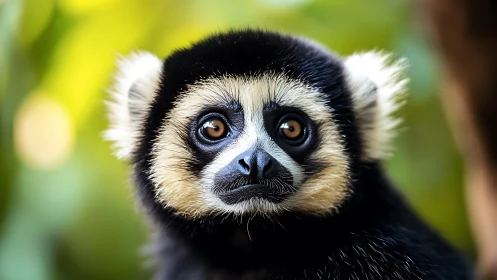 Close frontal view of small primate with blurred foliage background.