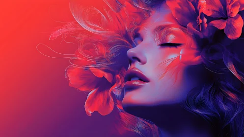 Dream-lit portrait drifts through neon blossoms and quiet fire