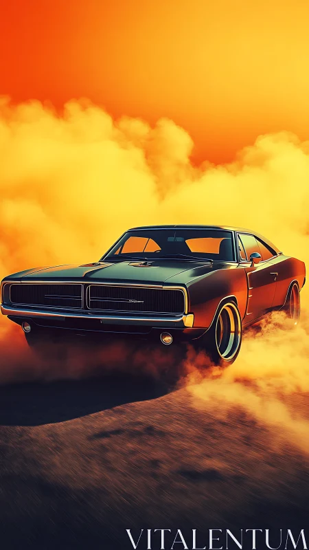 Classic muscle car in drifting motion at sunset sky.