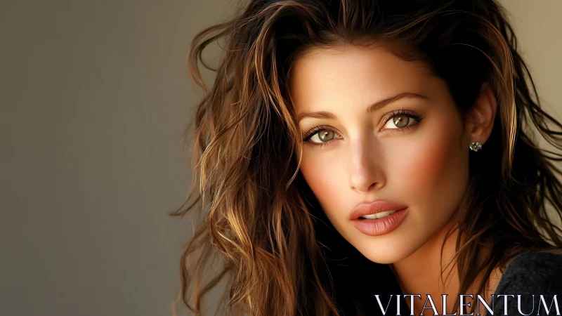 Close-up digital portrait of woman with wavy brown hair.