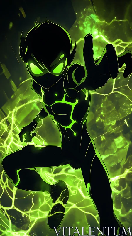 Electric green hero leaps forward in a bold, glowing charge