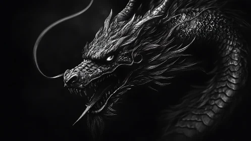 Midnight dragon coils from shadow, carved in liquid silver flame