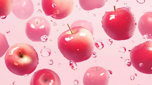 Floating pink apples in glossy splash motion on pastel field.