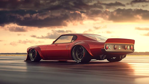 Low red muscle car rendering on wet track at sunset.