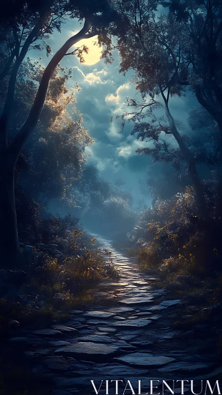 Forest Path Through Ancient Trees with Sky Opening.