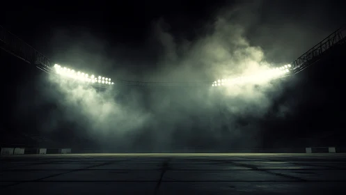 Floodlit stadium with dense fog over empty field at night.