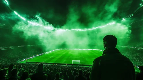 Crowded football stadium under green-lit smoke-filled sky.