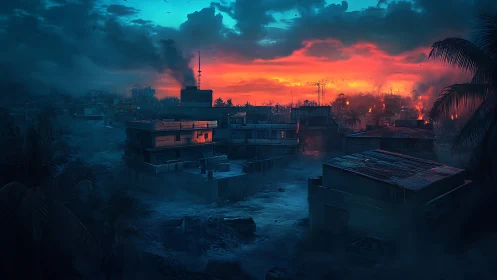 Fiery dusk sky rolls over a smoky city in quiet tension