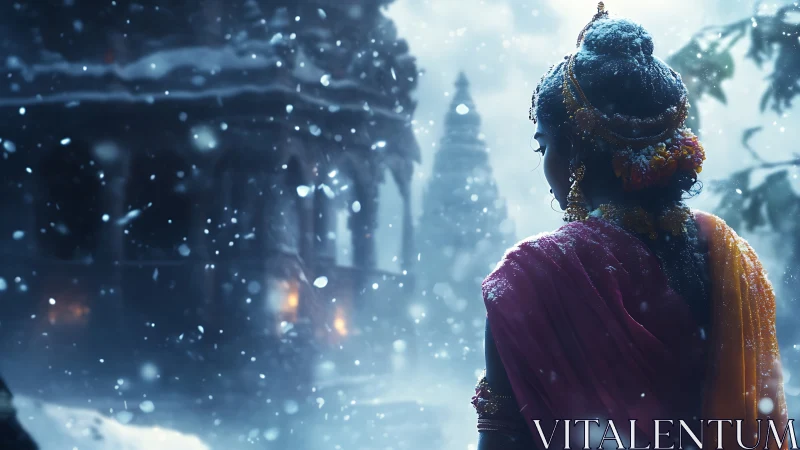 Snowfall over temple complex with robed figure in profile.
