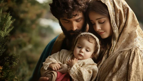 Sacred family portrait with serene parents and infant child.