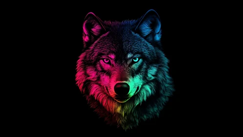 Radiant wolf portrait glows in neon colors against darkness
