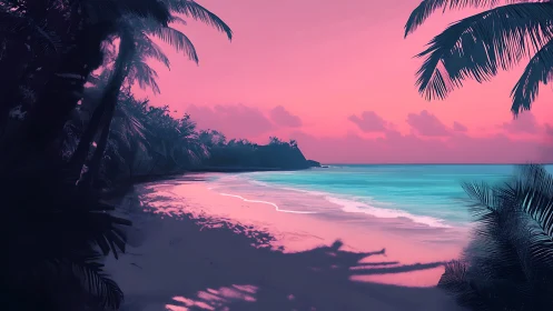 Tropical Beach Sunset with Palm Silhouettes.