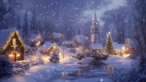 Snowlit village bridge wrapped in cozy Christmas glow.