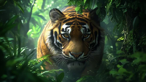 Predatory tiger emerging through dense emerald jungle canopy.