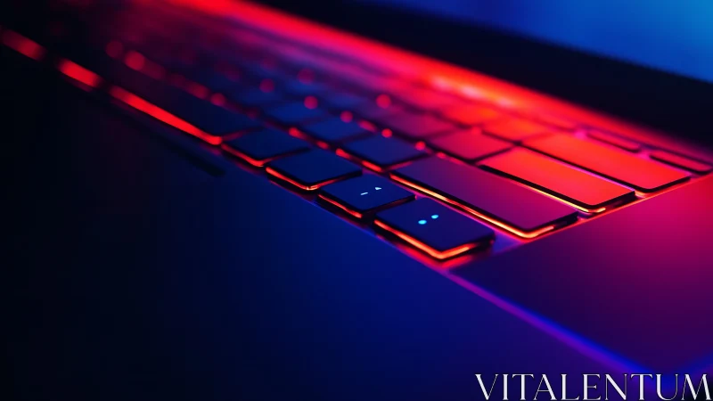 Close laptop keyboard in red and blue neon light glow.