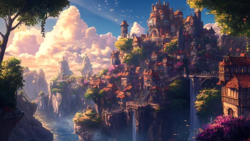 Terraced cliffside settlement under expansive cloud formations.