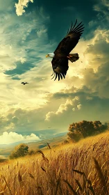 Bald eagle soaring over golden wheat fields at sunset.