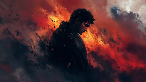 Silhouetted male figure stands against turbulent fiery clouds