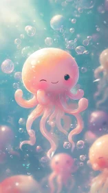 Whimsical kawaii jellyfish floats amid sparkling bubbles