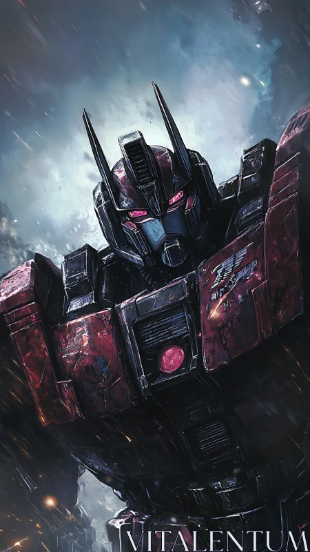 Armored bipedal mech stands in three-quarter frontal view