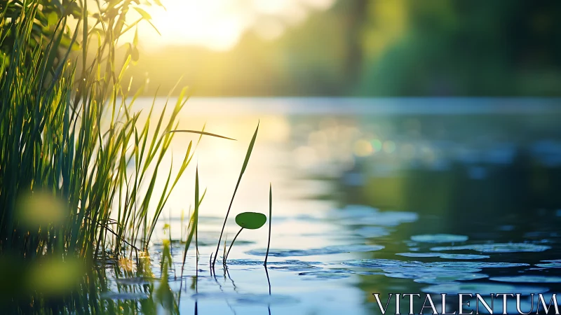 Sunlit lakeshore reeds rise above reflective rippled water