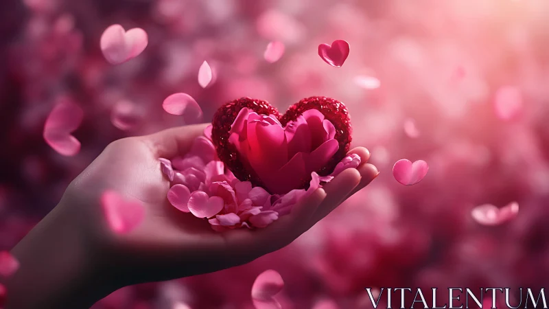 Hand holding red and pink peony flowers with heart shapes