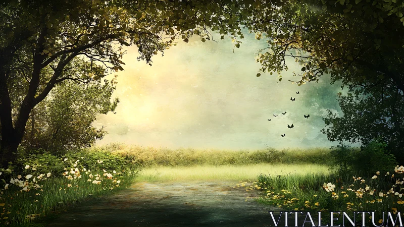 Sunlit forest path opens onto a tranquil, misty meadow