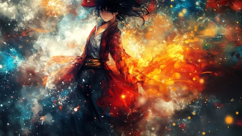 Ember‑veiled wanderer swirling through painted starlight.