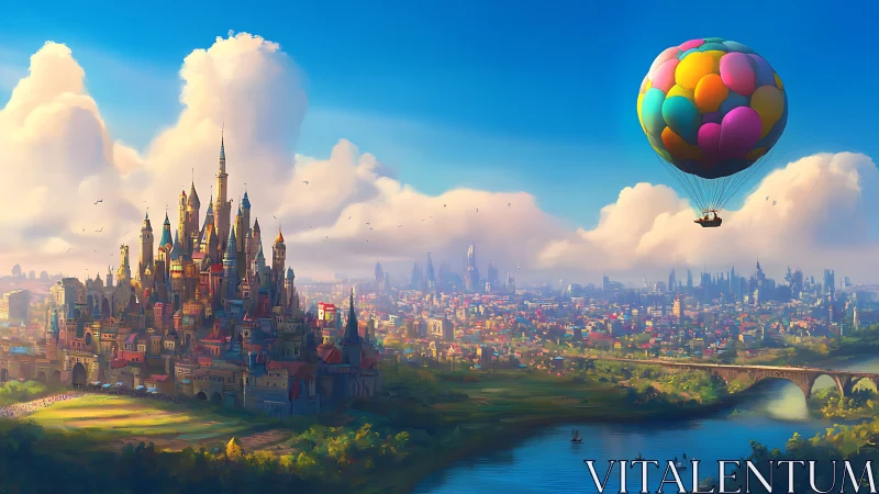 Fantasy castle city stretches to skyline as balloon ascends