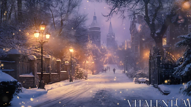 Digital painting of festive snow-laden avenue with lamplight glow.