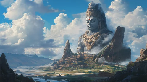 Mountain temple crowned by serene colossal deity in clouds.