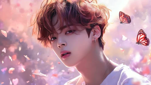 Soft spring light around a dreamy butterfly-kissed gaze.