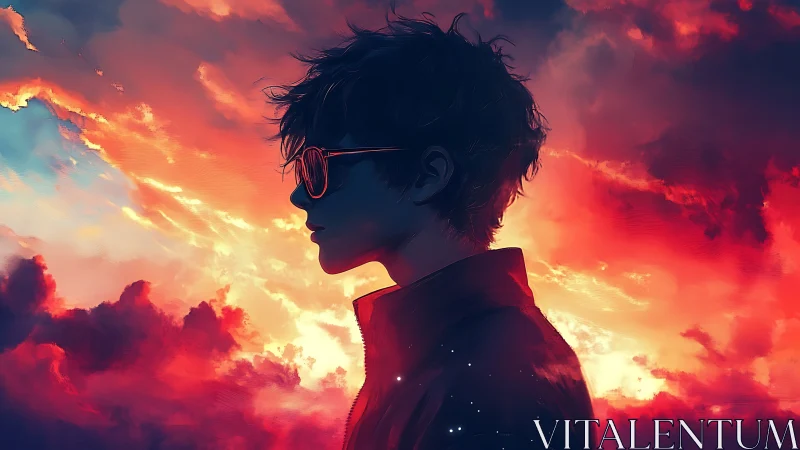 Silhouetted youth in neon sunset clouds panoramic profile.