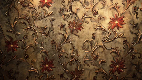 Golden floral wall pattern glows with warm vintage charm