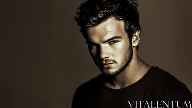 Low-key male portrait with directional rim lighting and vignetting.