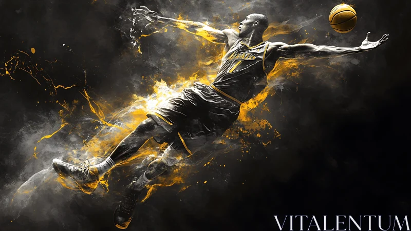 Soaring basketball player stretches toward a glowing hoop shot