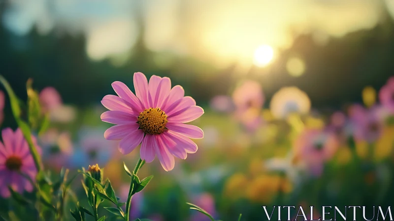 Pink Daisy in Golden Sunlight at Field Sunset.