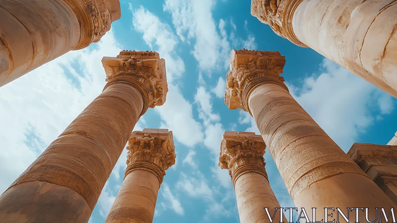 Ancient stone columns rise dramatically toward vivid sky.