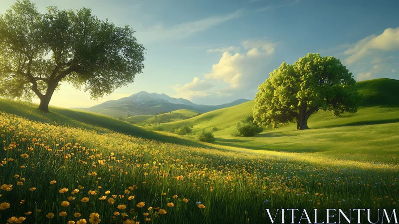 Sunlit wildflower hills rolling toward quiet blue mountains.