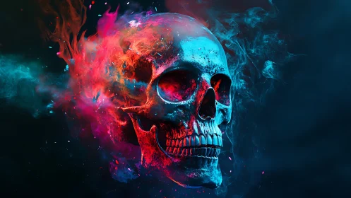 Human skull rendered in vivid red and blue neon flames