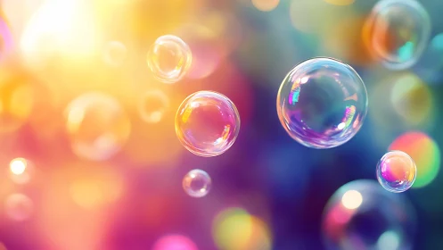 Iridescent soap bubbles drift across dreamy rainbow light.
