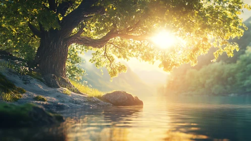 Golden-hour lakeside tree in luminous digital landscape painting.