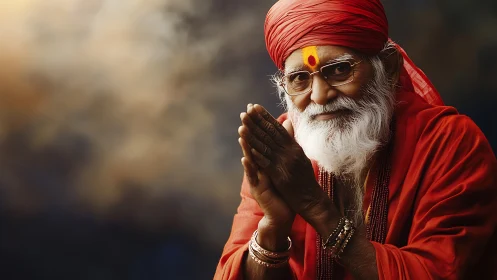 Warmly smiling elder in red robes offering gentle blessing.