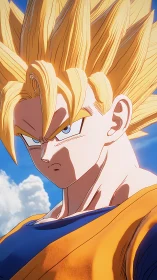 Blond spiked haired anime figure against blue sky background.