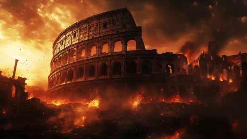 Colosseum ablaze beneath a wrathful apocalyptic sky.