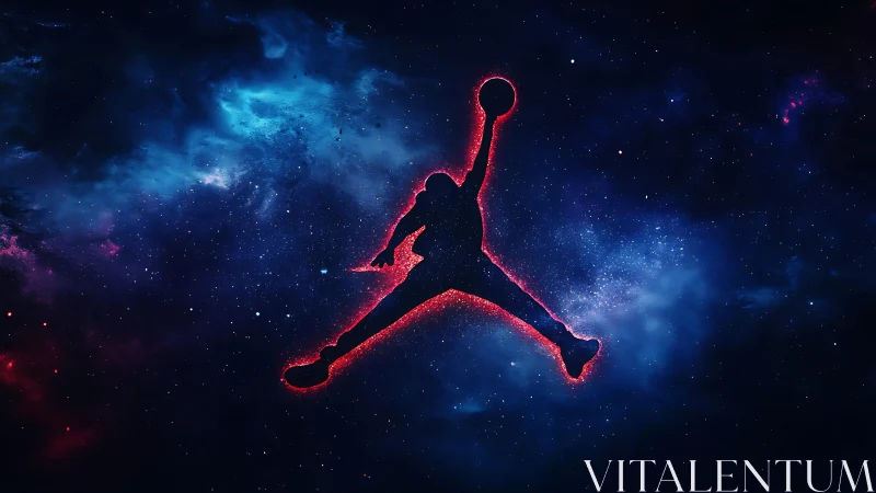 Silhouette of leaping basketball figure in cosmic backdrop.